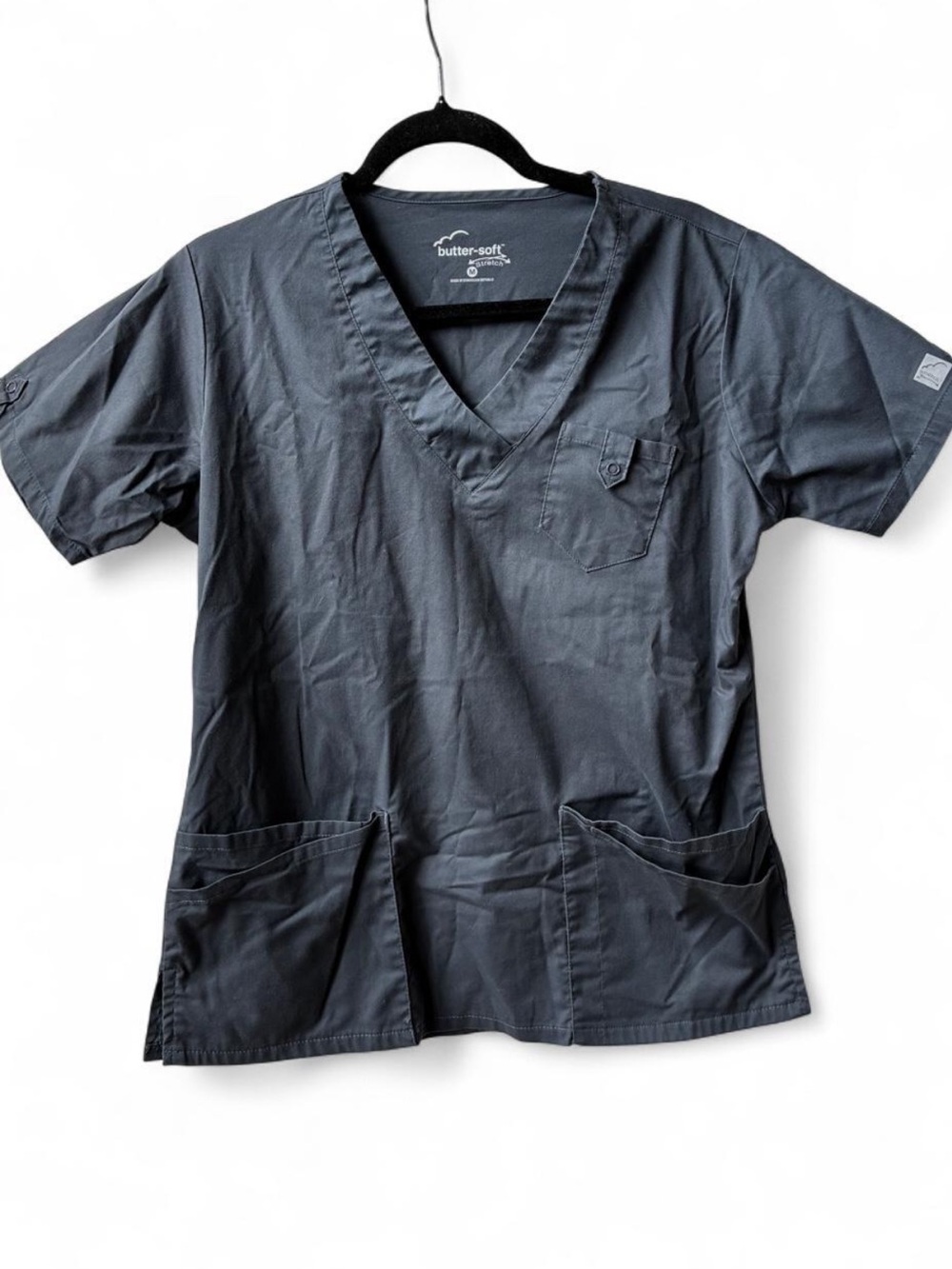 Butter Soft V-Neck pewter Scrub Top many pockets healthcare medical nurse M